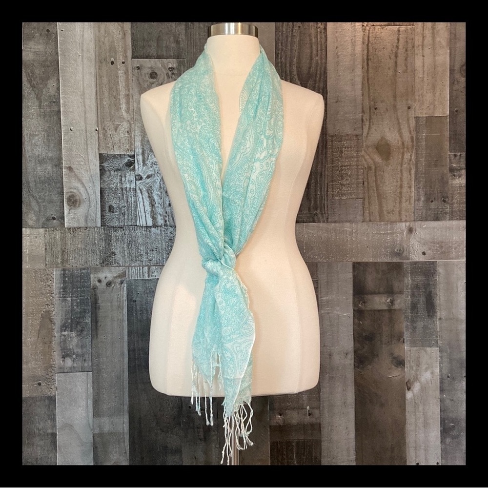 Blue white scarf floral paisley sheer lightweight festival boho quiet luxury